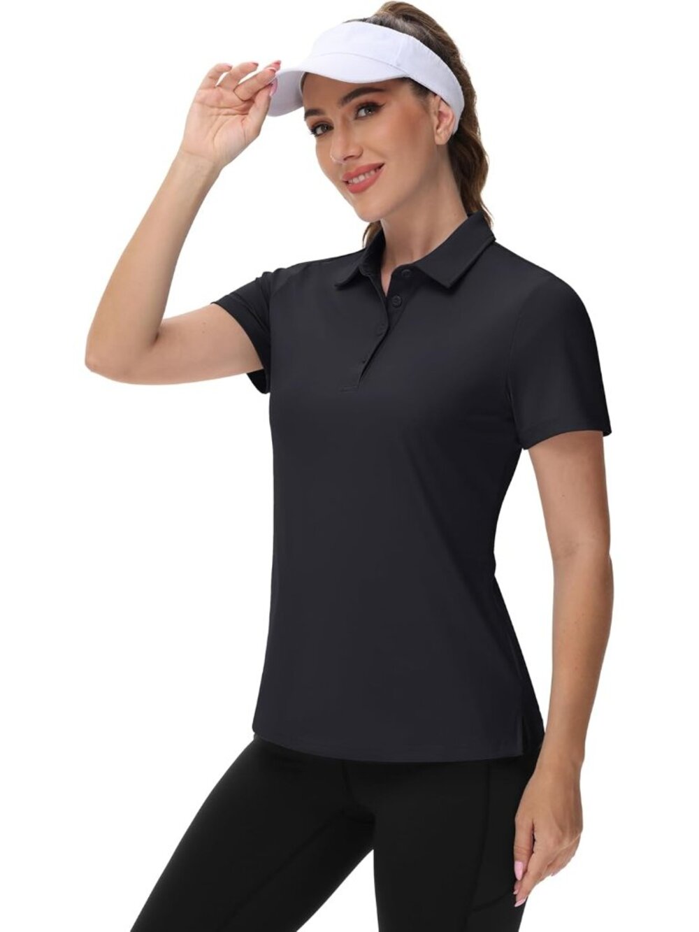 Women's 01-black Golf Polo Shirt Short Sleeve UPF 50+ Sun Protection Quick Dry - Picture 2 of 6